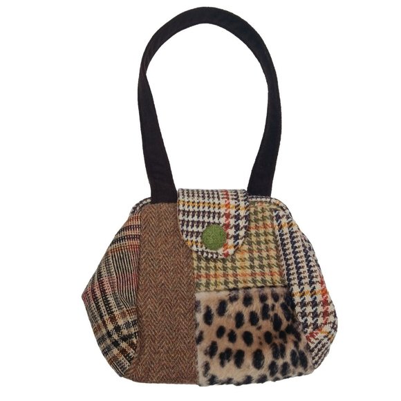 Range of Emotion Jeanea Michelle Purse Dont Forget Your Coat Brown Patches Wool - Picture 1 of 16